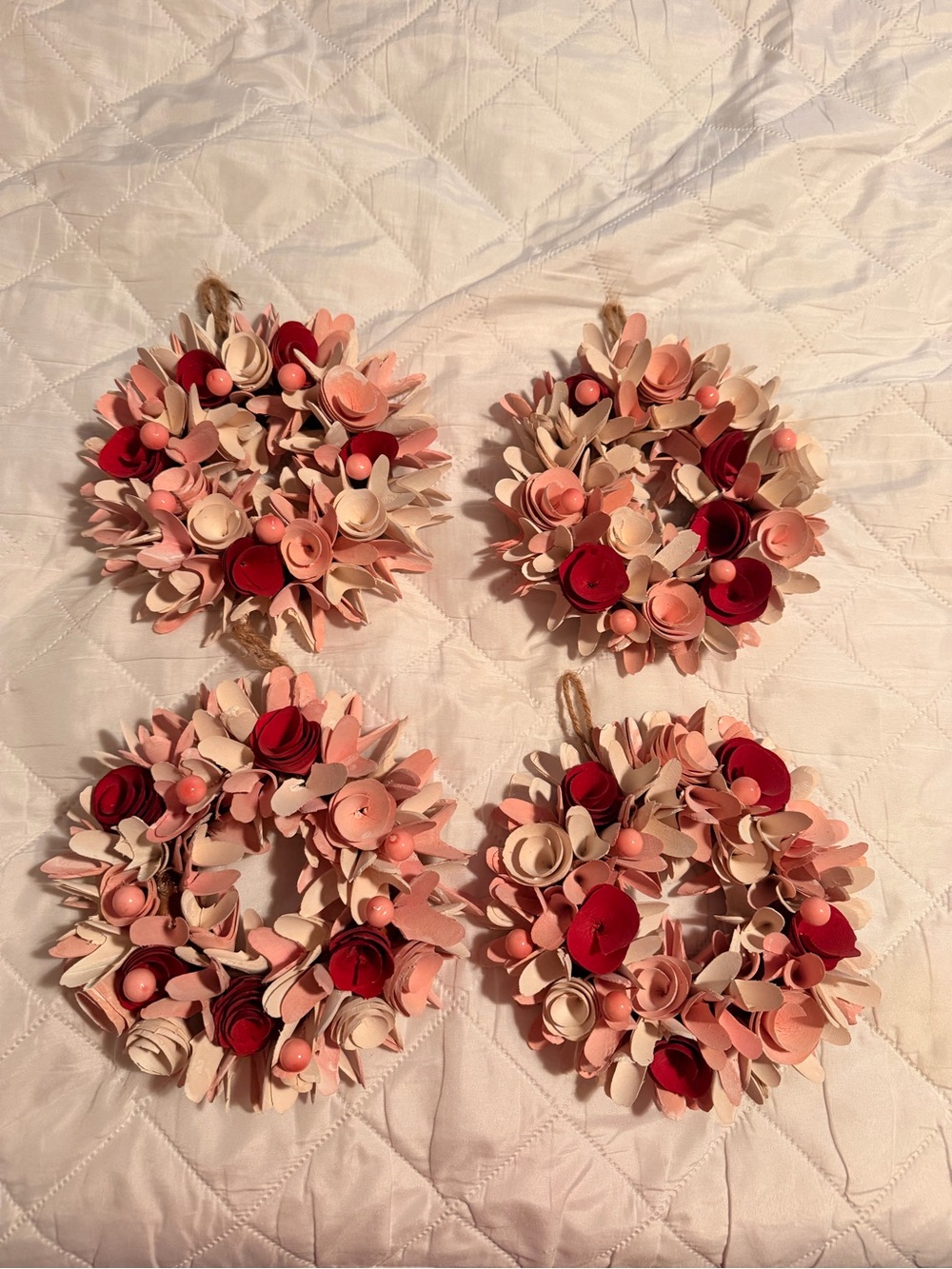 Decorative Pink and Red Wood Floral Mini Wreaths - Set of 4